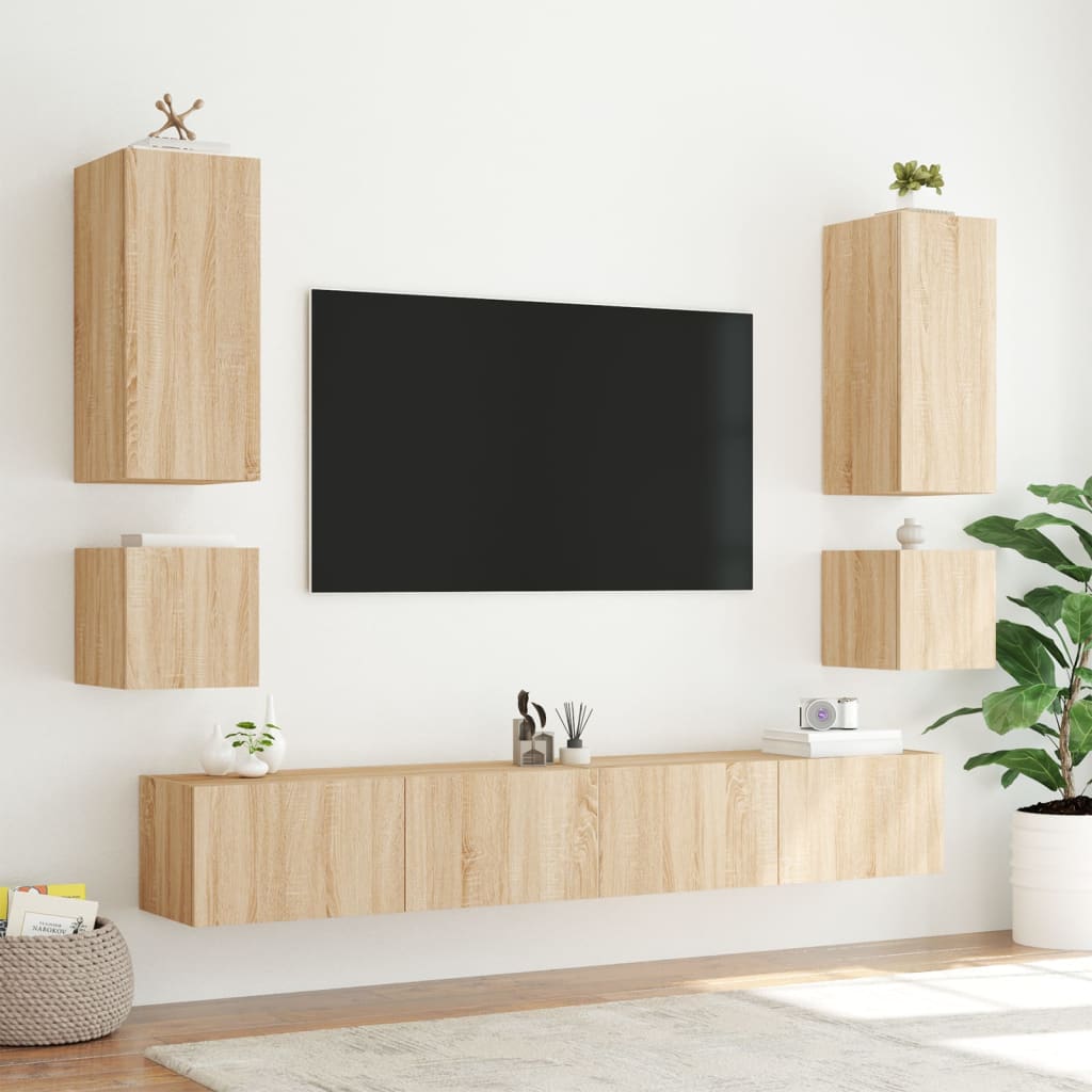 Wall-mounted TV cabinet with LED lights, oak, 100x35x41cm