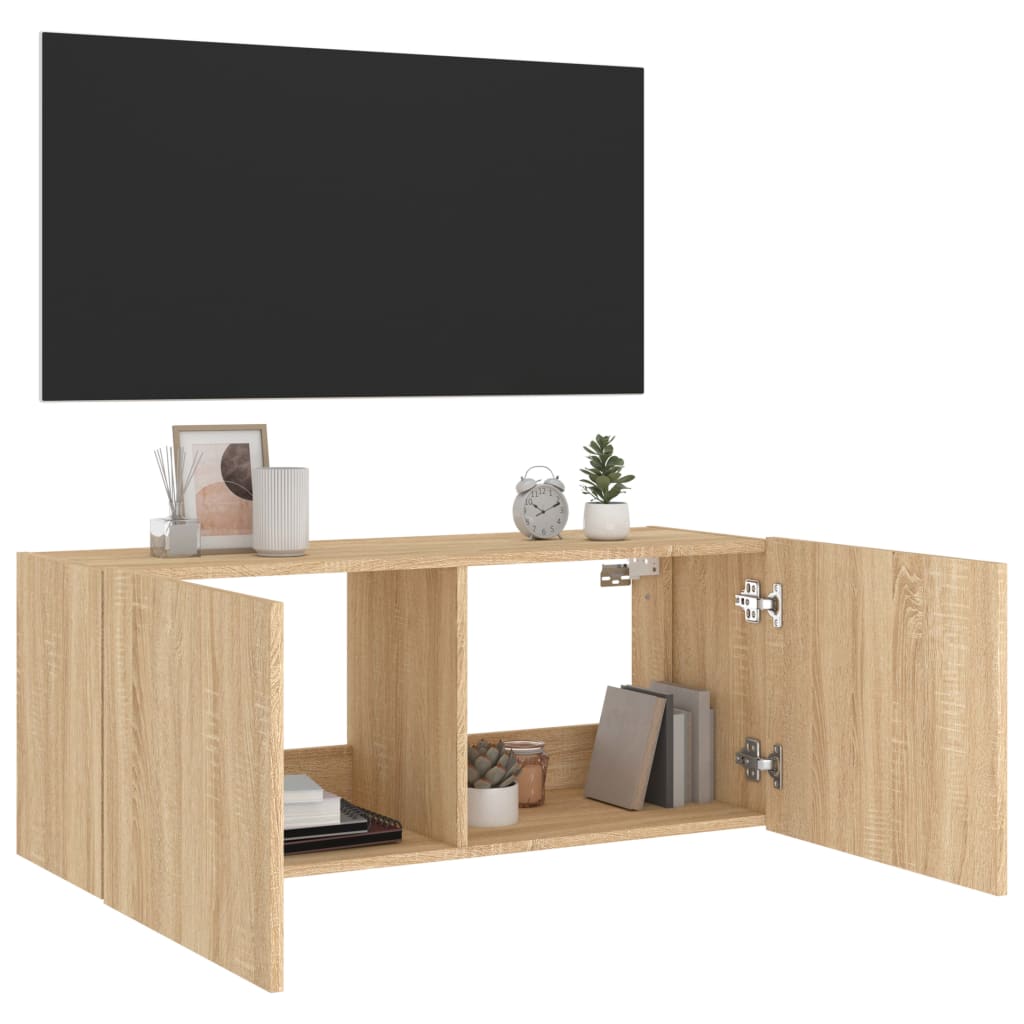 Wall-mounted TV cabinet with LED lights, oak, 100x35x41cm