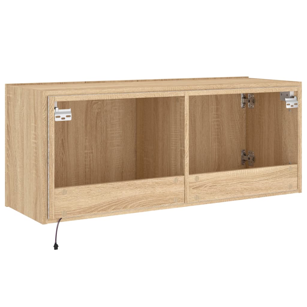Wall-mounted TV cabinet with LED lights, oak, 100x35x41cm