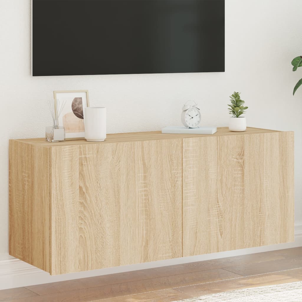 Wall-mounted TV cabinet with LED lights, oak, 100x35x41cm