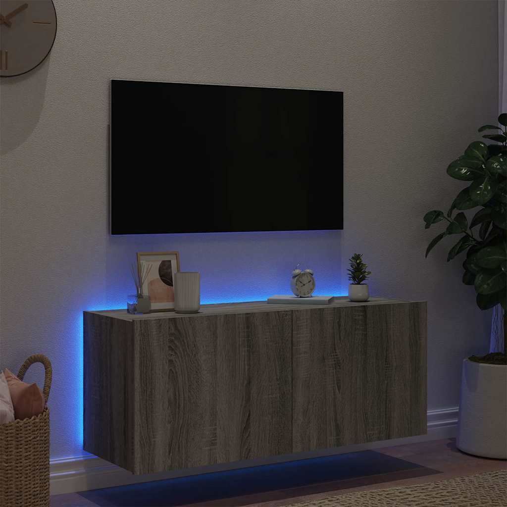 Sieninė TV spintelė su LED lemputėmis, pilka, 100x35x41cm