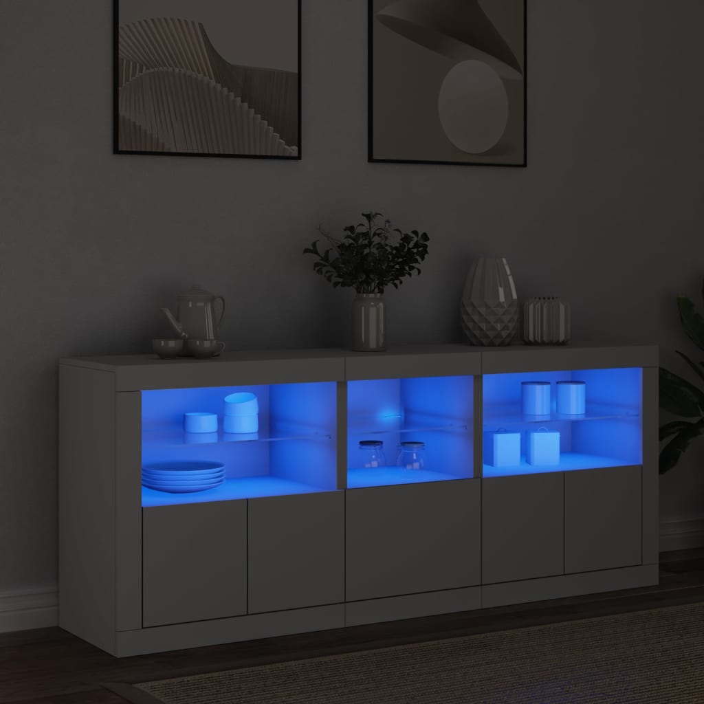 Sideboard with LED lights, white, 162x37x67cm