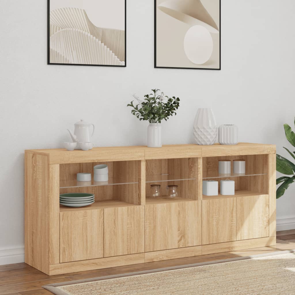 Sideboard with LED lights, oak colour, 162x37x67cm