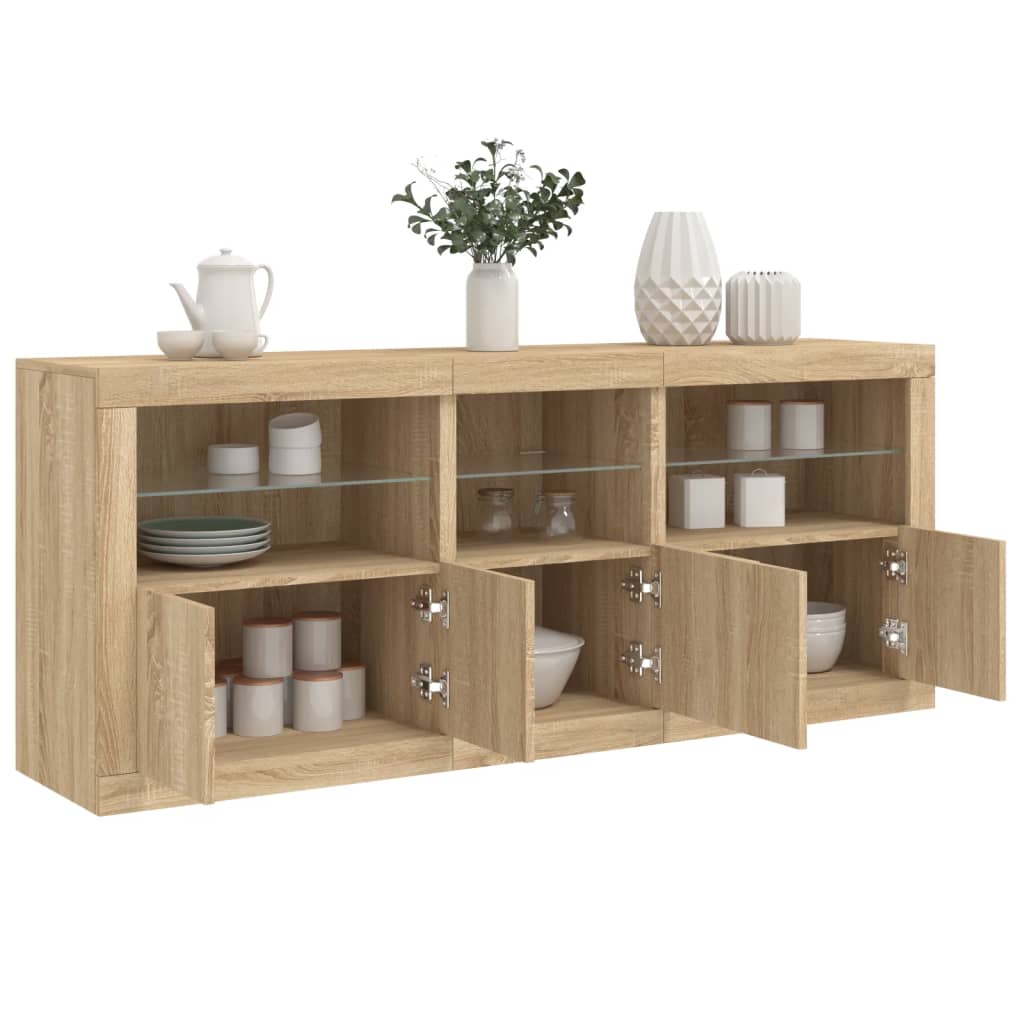 Sideboard with LED lights, oak colour, 162x37x67cm