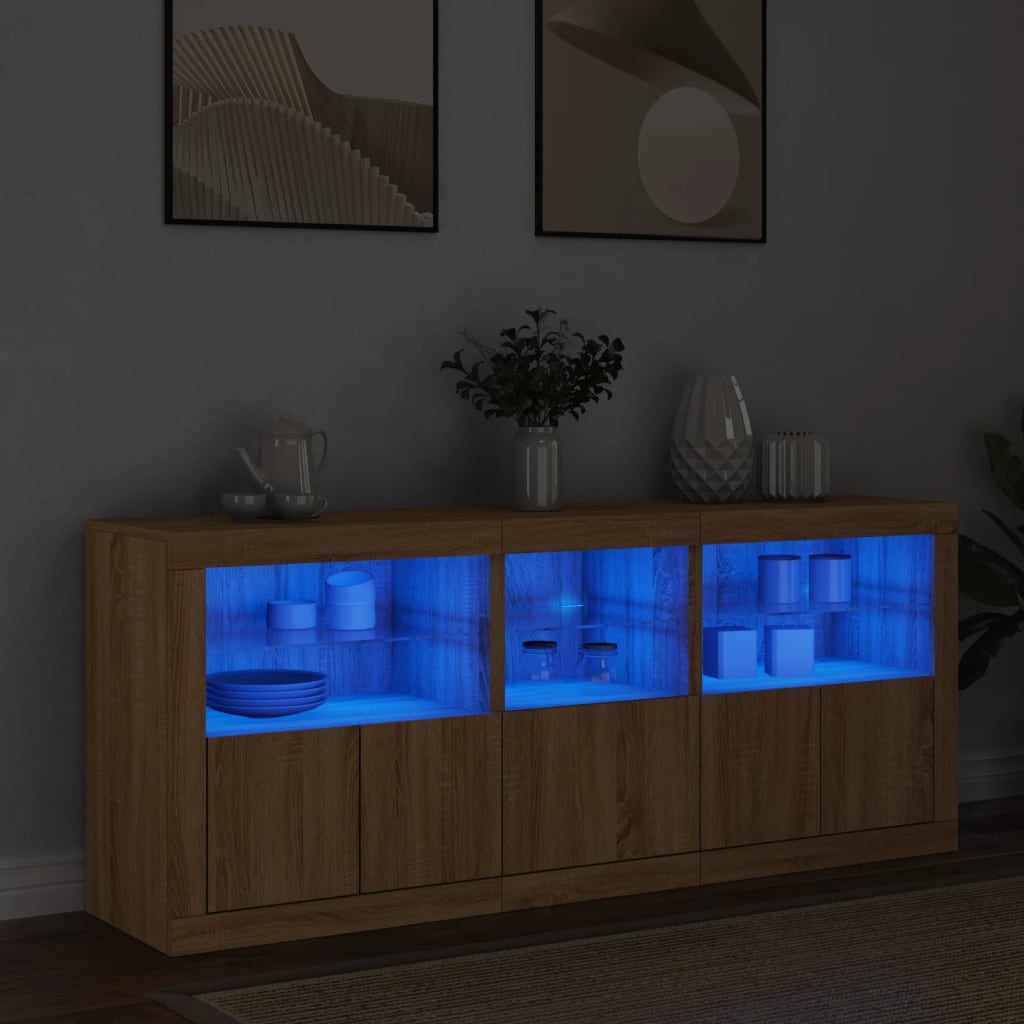 Sideboard with LED lights, oak colour, 162x37x67cm