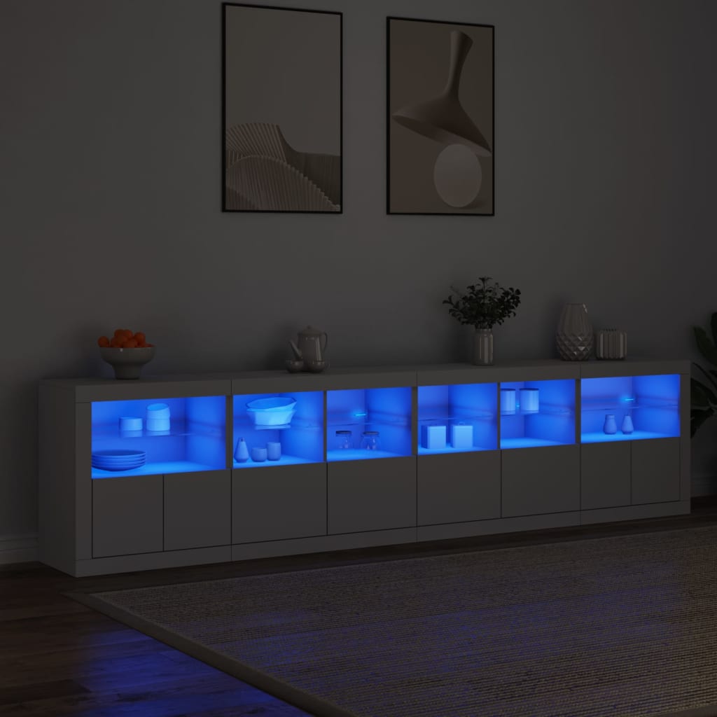 Sideboard with LED lights, white, 283x37x67cm