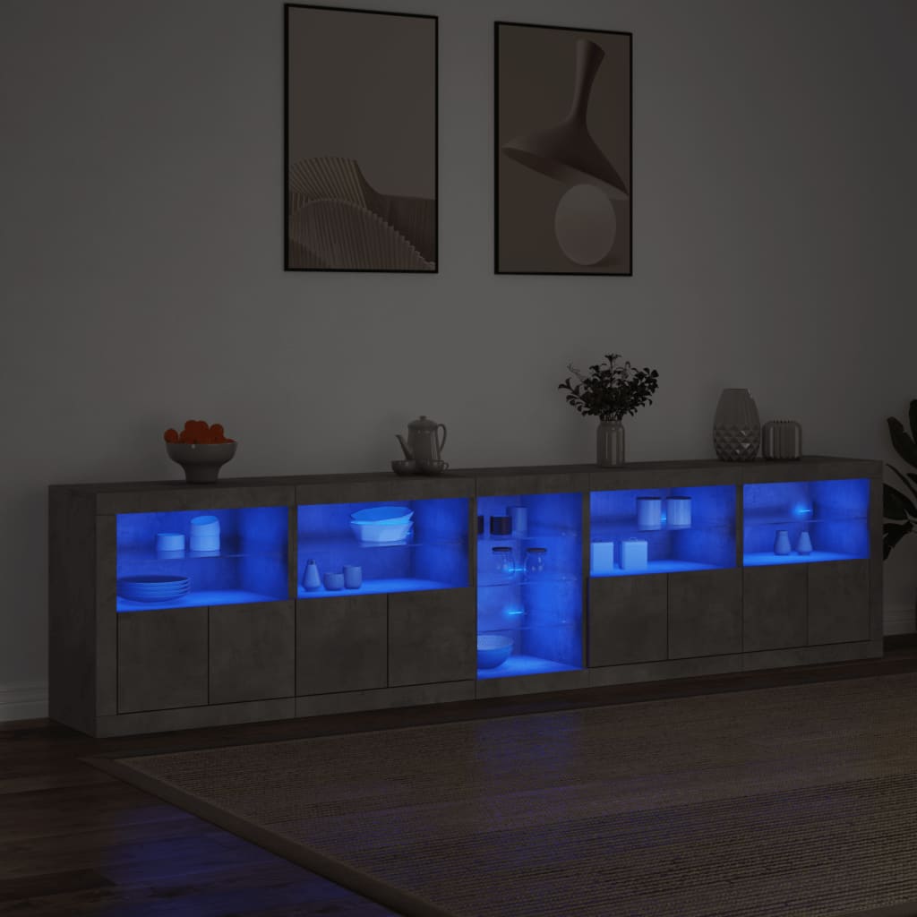 Sideboard with LED lights, concrete grey, 283x37x67cm
