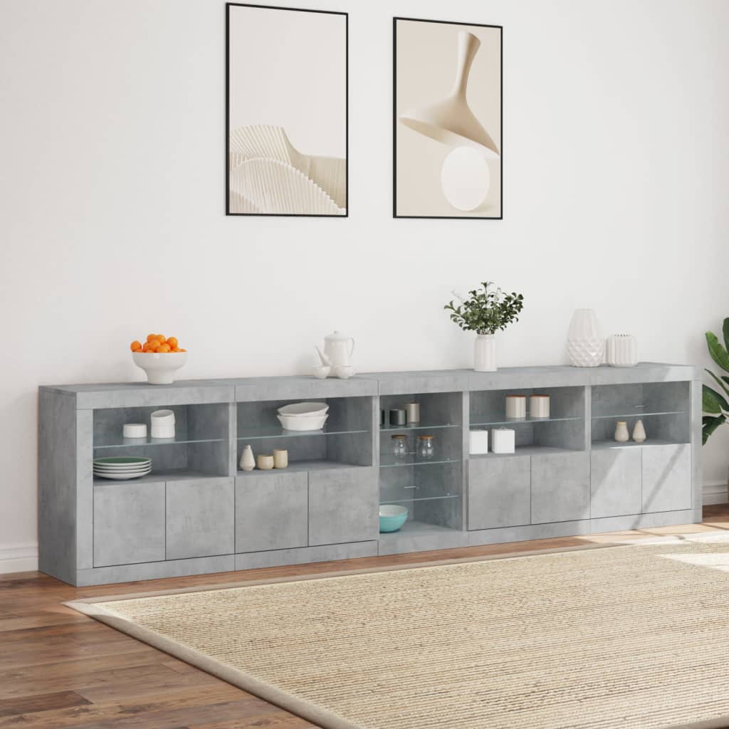 Sideboard with LED lights, concrete grey, 283x37x67cm