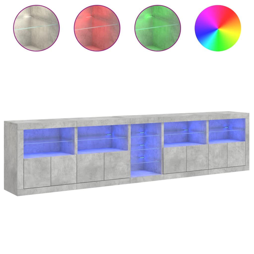 Sideboard with LED lights, concrete grey, 283x37x67cm