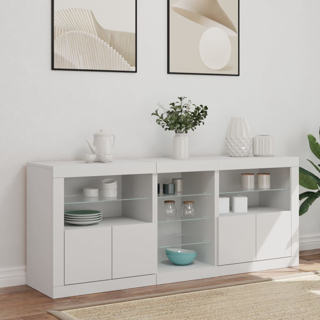 Sideboard with LED lights, white, 162x37x67cm