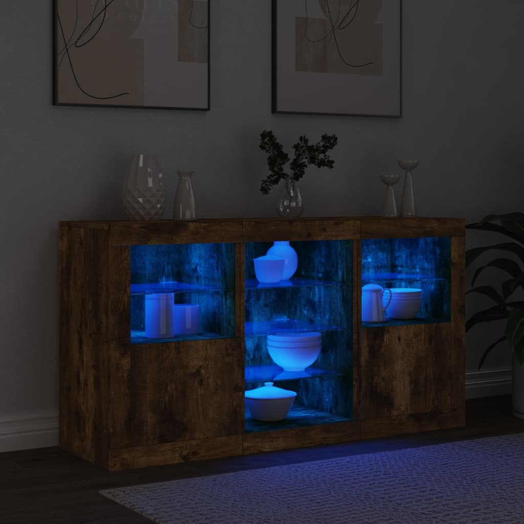 Šoninė spintelė su LED lemputėmis, dūminio ąžuolo, 123x37x67cm