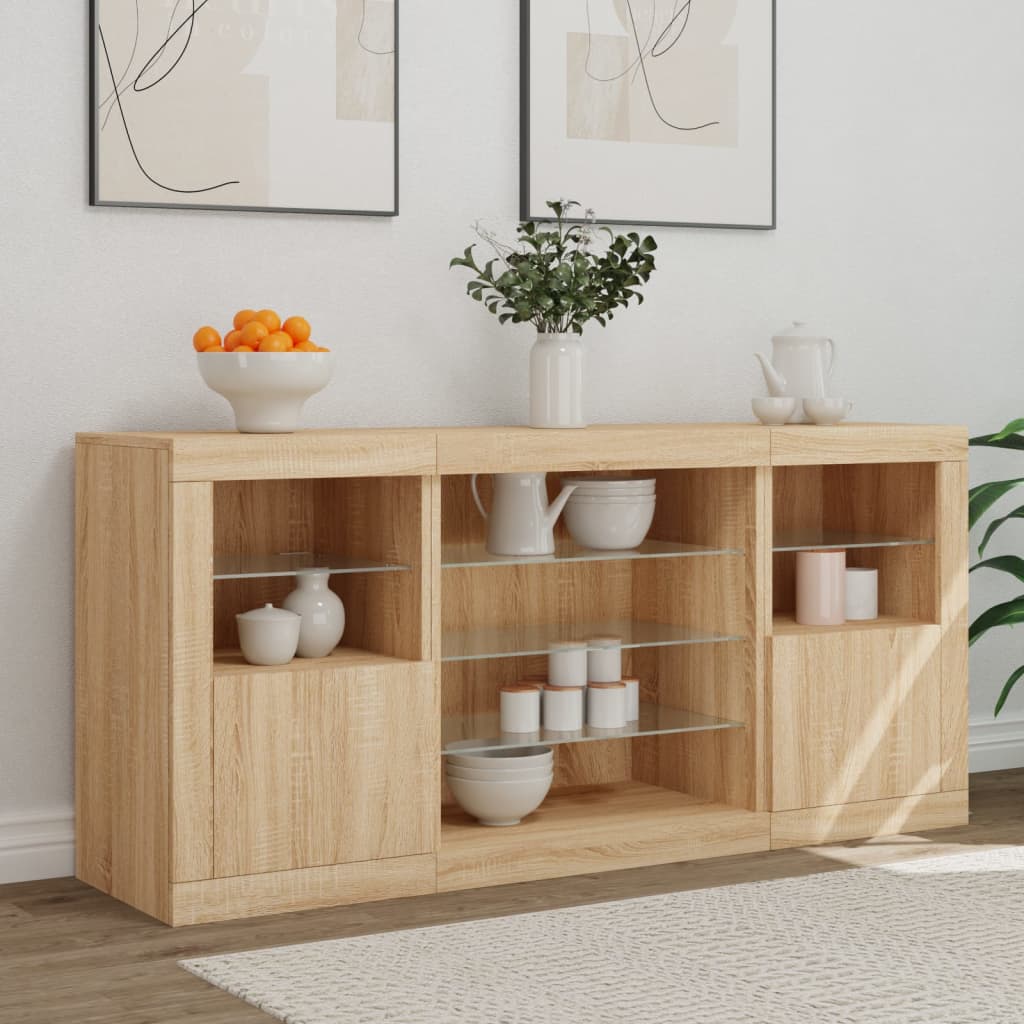 Sideboard with LED lights, oak, 142.5x37x67cm