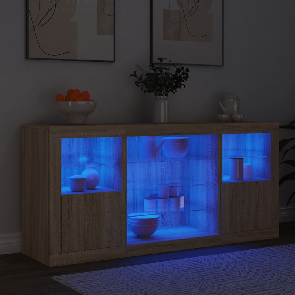 Sideboard with LED lights, oak, 142.5x37x67cm