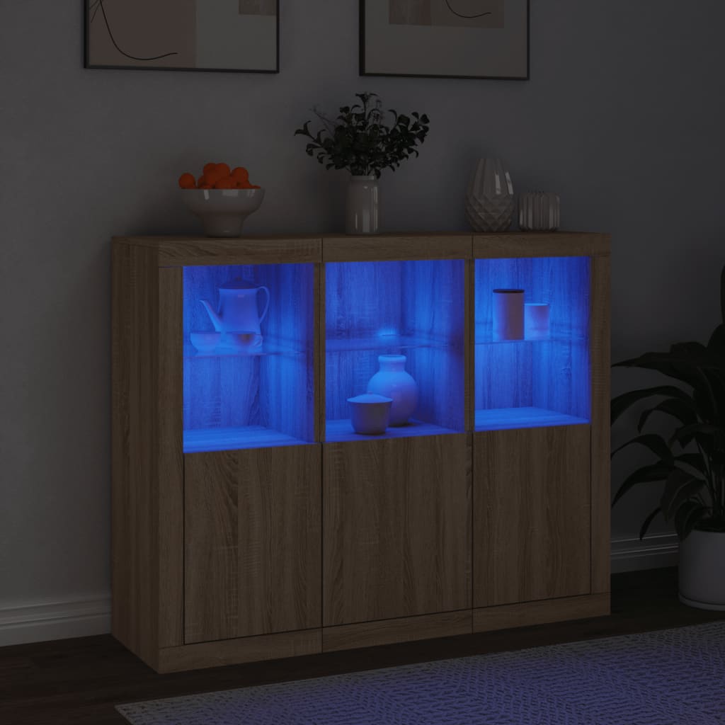 LED sideboards, 3 pcs, oak, engineered wood