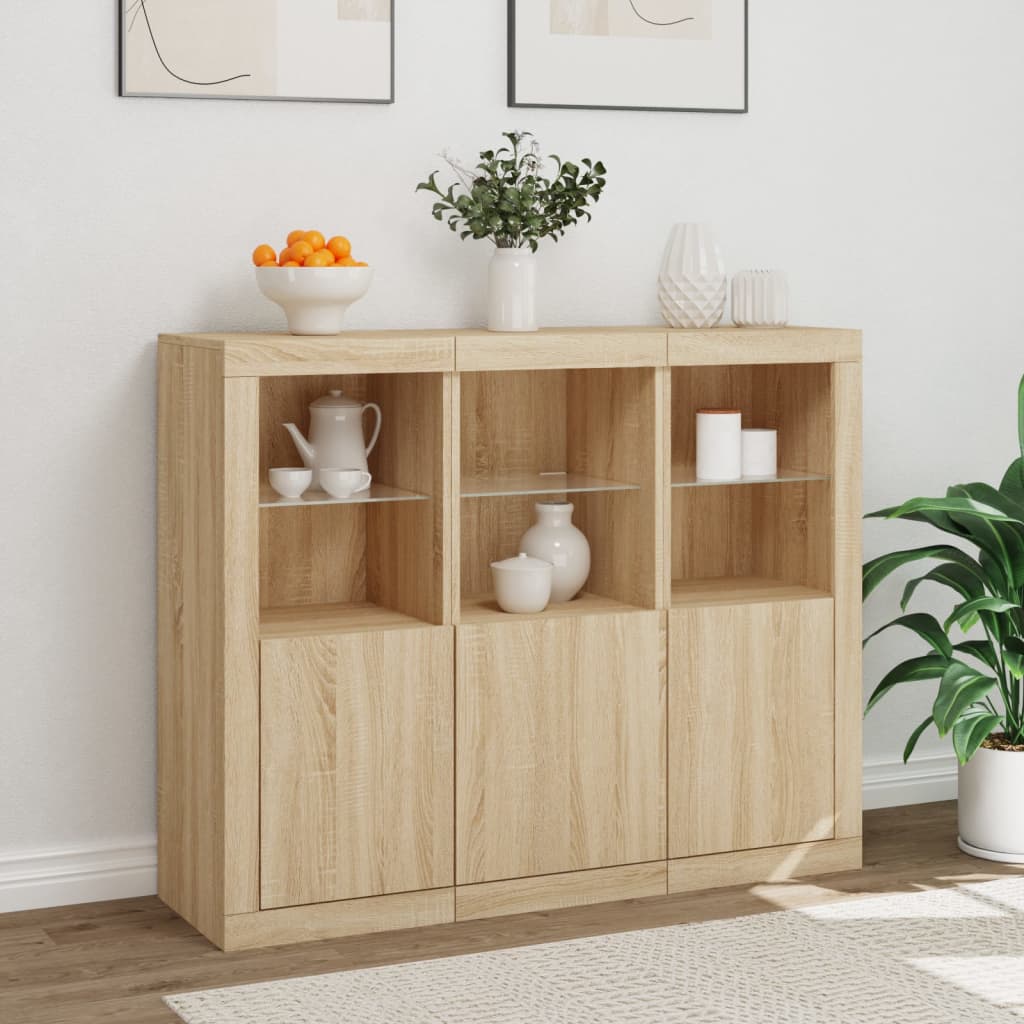 LED sideboards, 3 pcs, oak, engineered wood