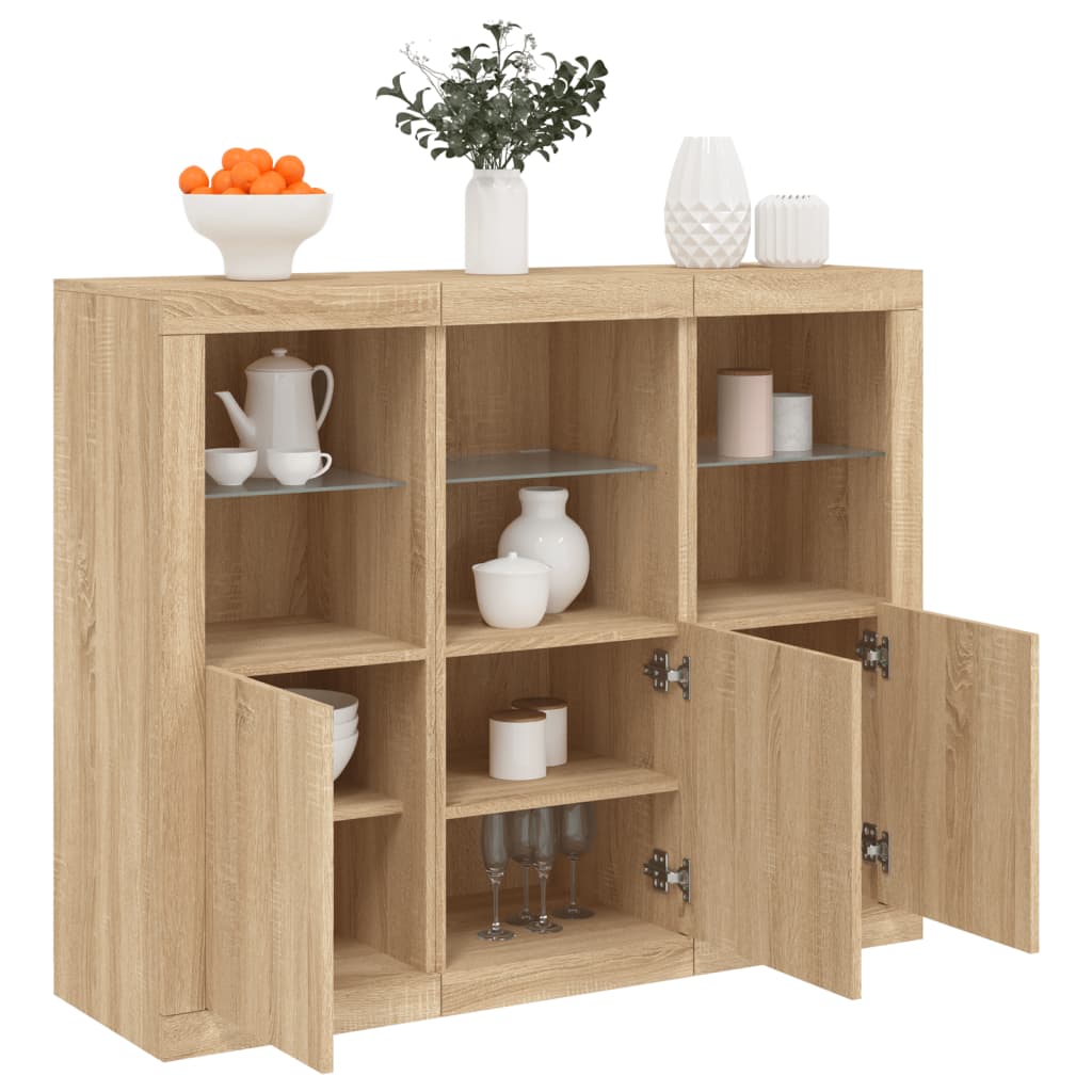 LED sideboards, 3 pcs, oak, engineered wood