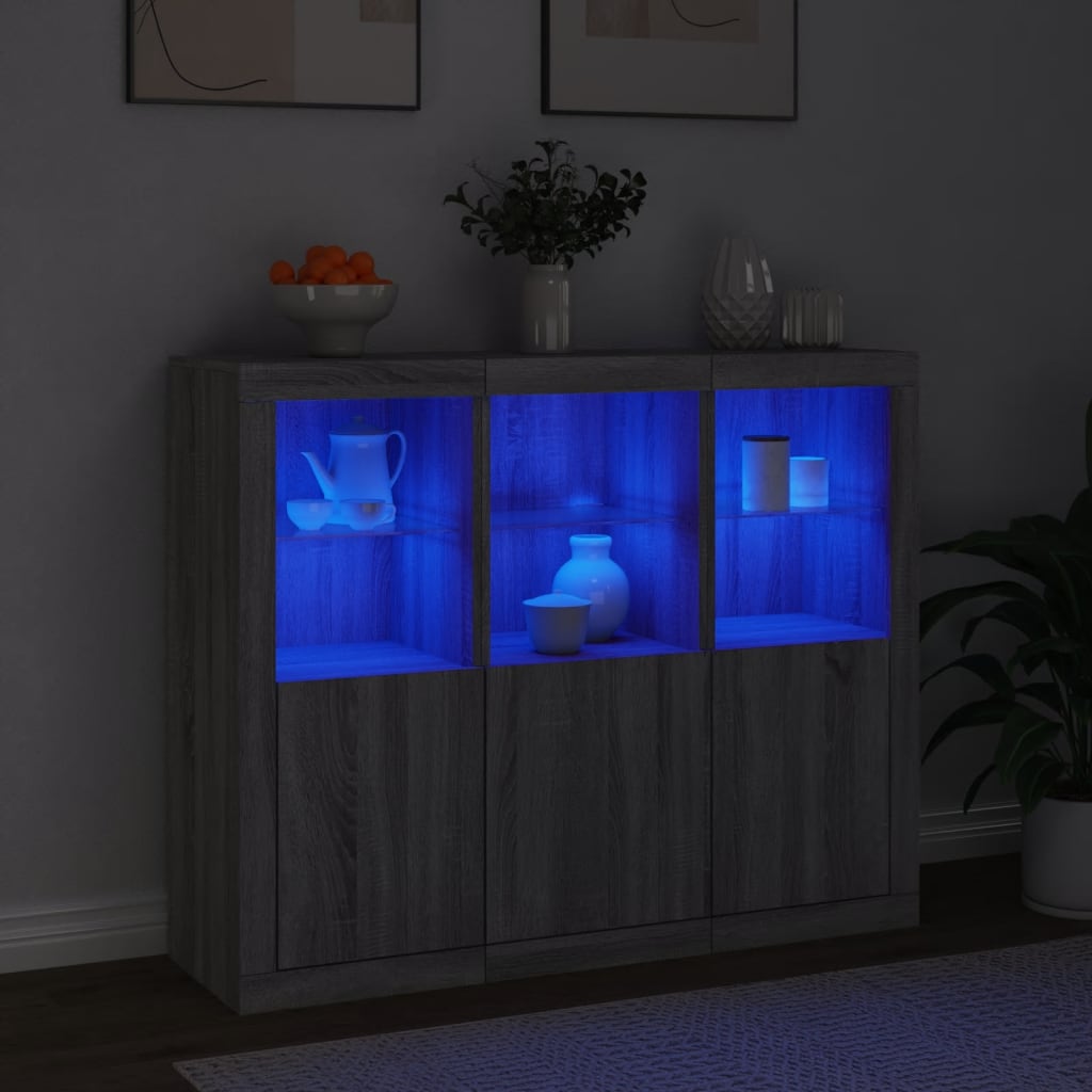 Šoninės spintelės su LED, 3vnt., pilkos ąžuolo, mediena