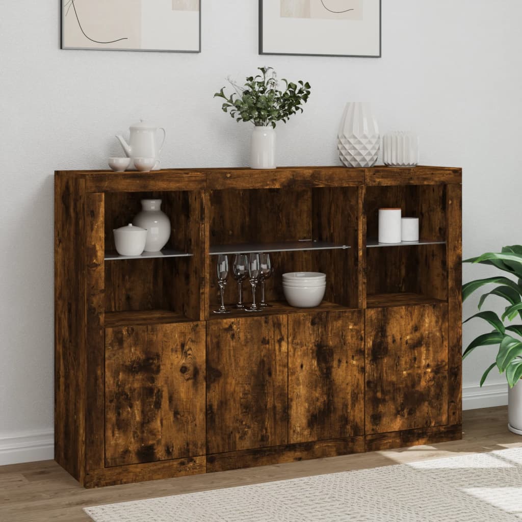 Sideboards with LED, 3 pcs, smoked oak, engineered wood