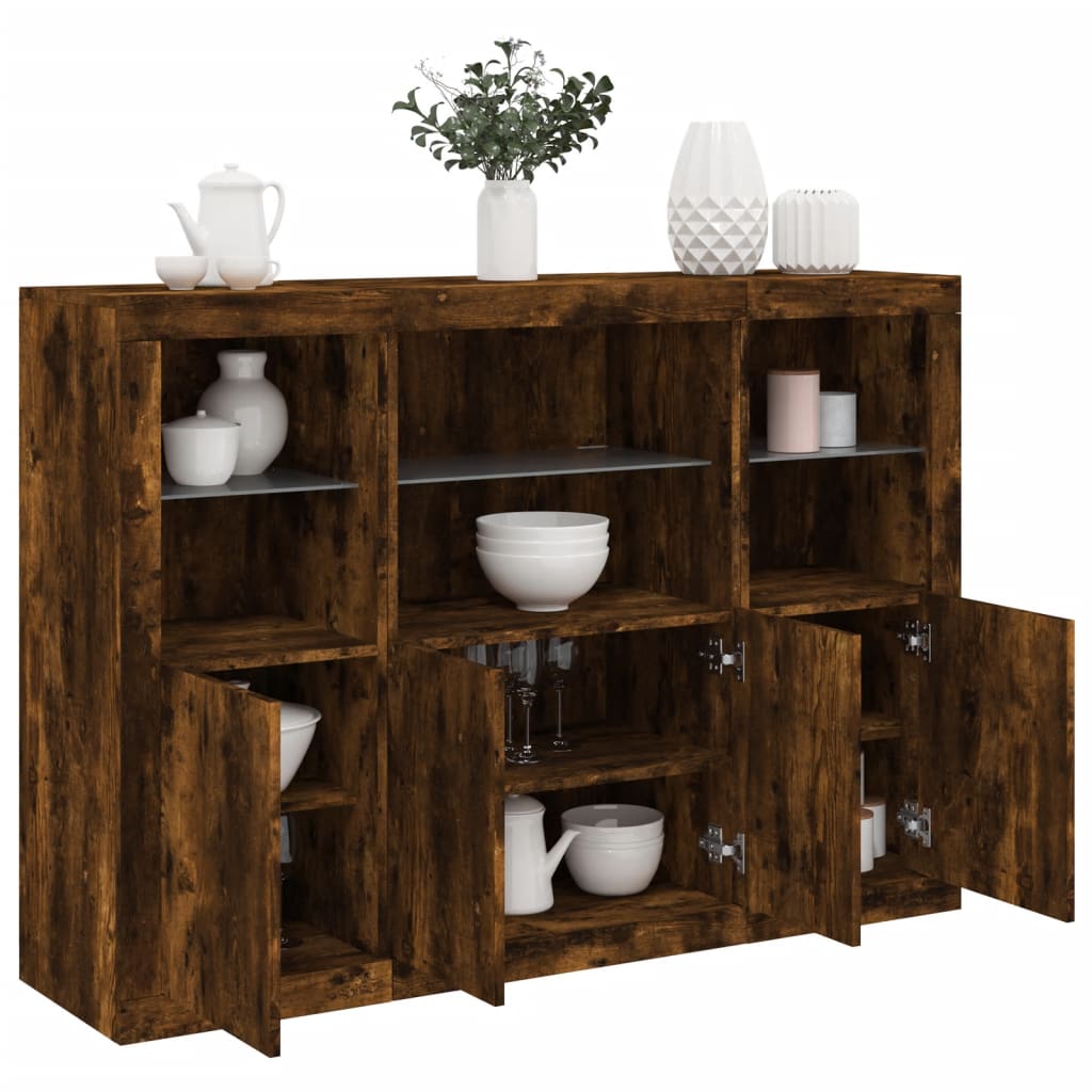 Sideboards with LED, 3 pcs, smoked oak, engineered wood