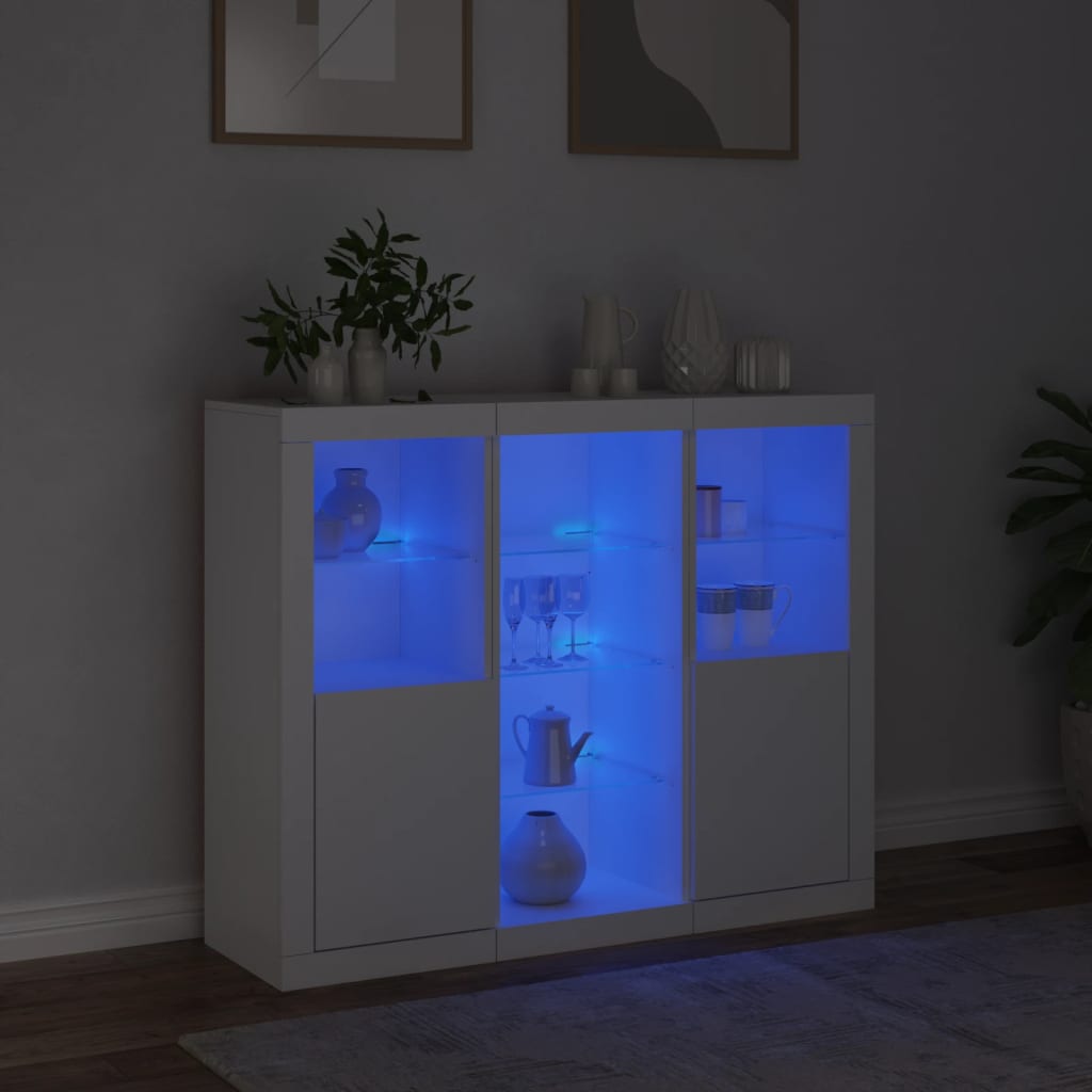 Side cabinets with LED, 3 pcs., white, engineered wood