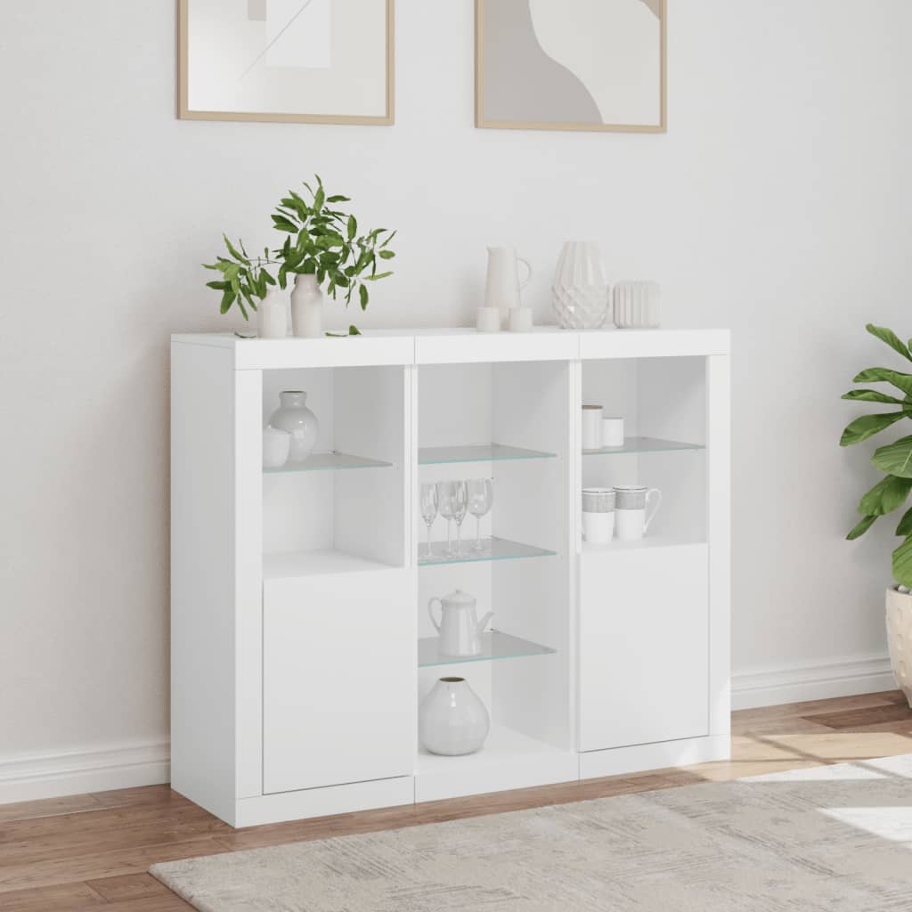 Side cabinets with LED, 3 pcs., white, engineered wood