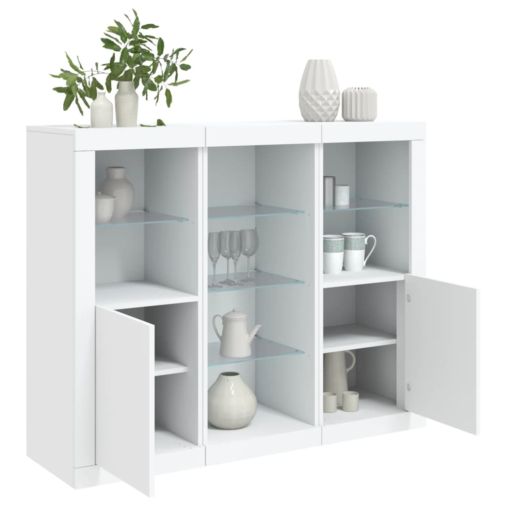 Side cabinets with LED, 3 pcs., white, engineered wood