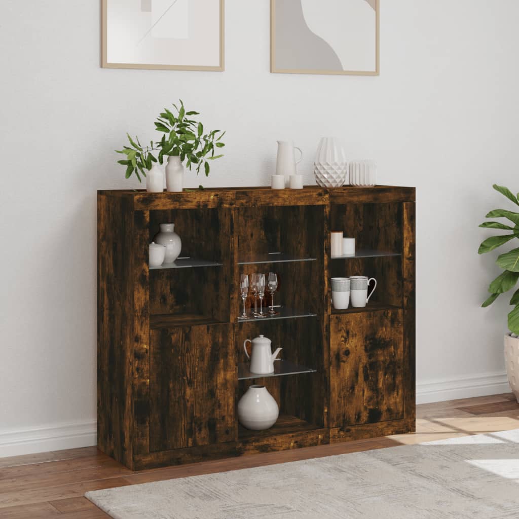 Sideboards with LED, 3 pcs, smoked oak, engineered wood