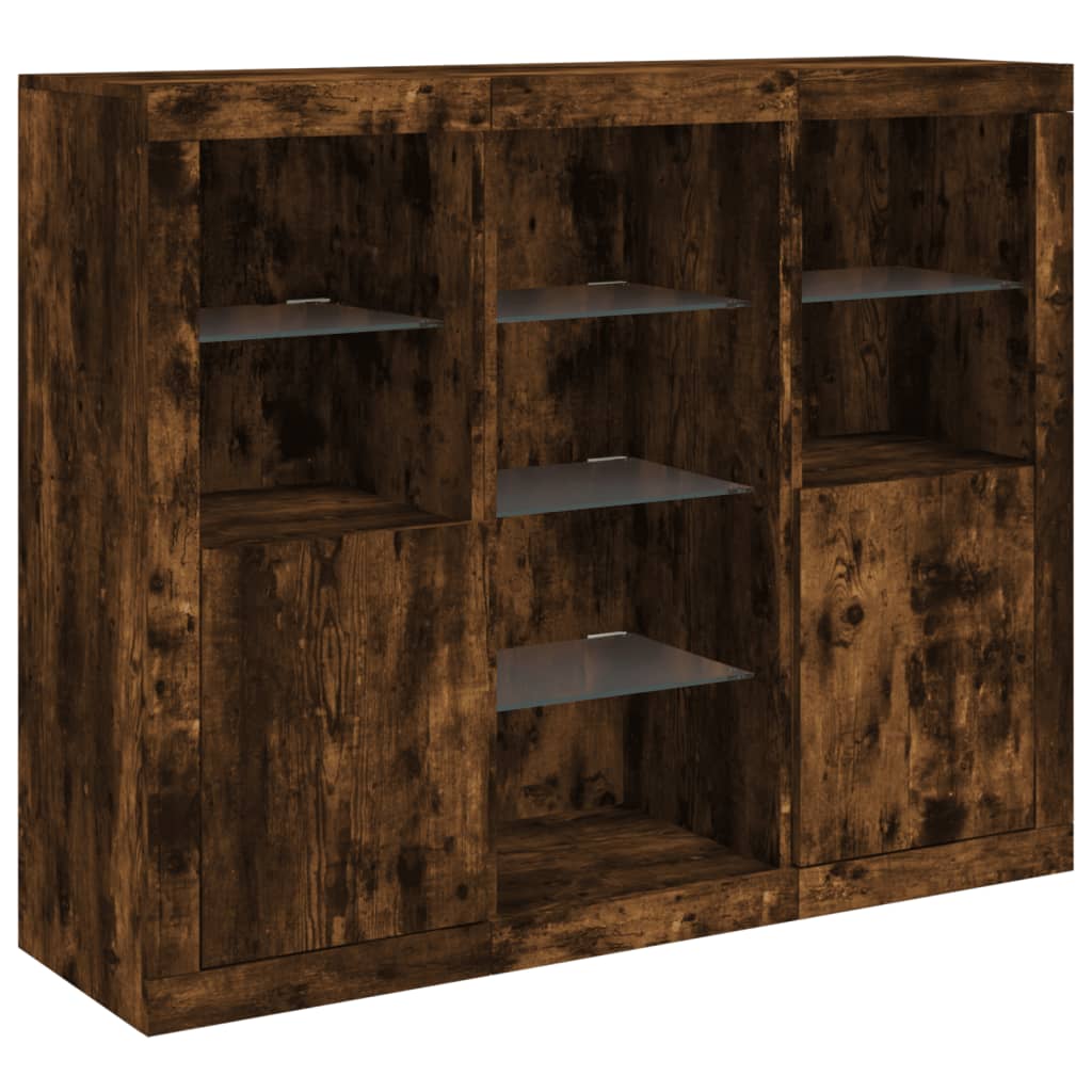 Sideboards with LED, 3 pcs, smoked oak, engineered wood