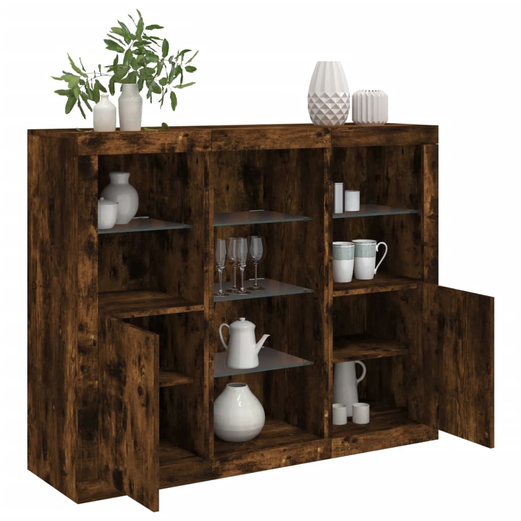 Sideboards with LED, 3 pcs, smoked oak, engineered wood