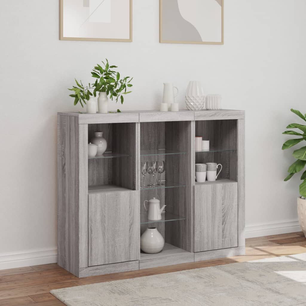 Sideboards with LED, 3 pcs, grey oak, wood