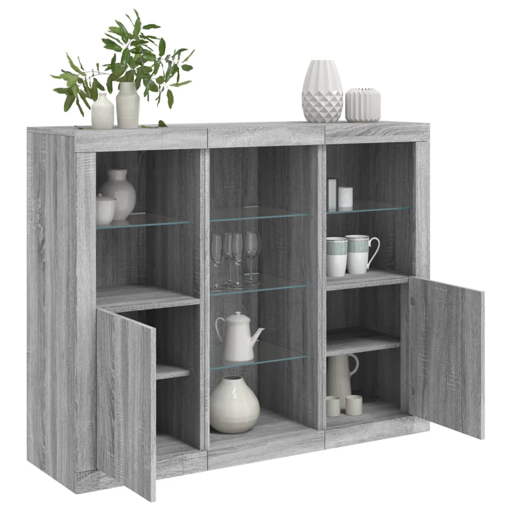 Sideboards with LED, 3 pcs, grey oak, wood