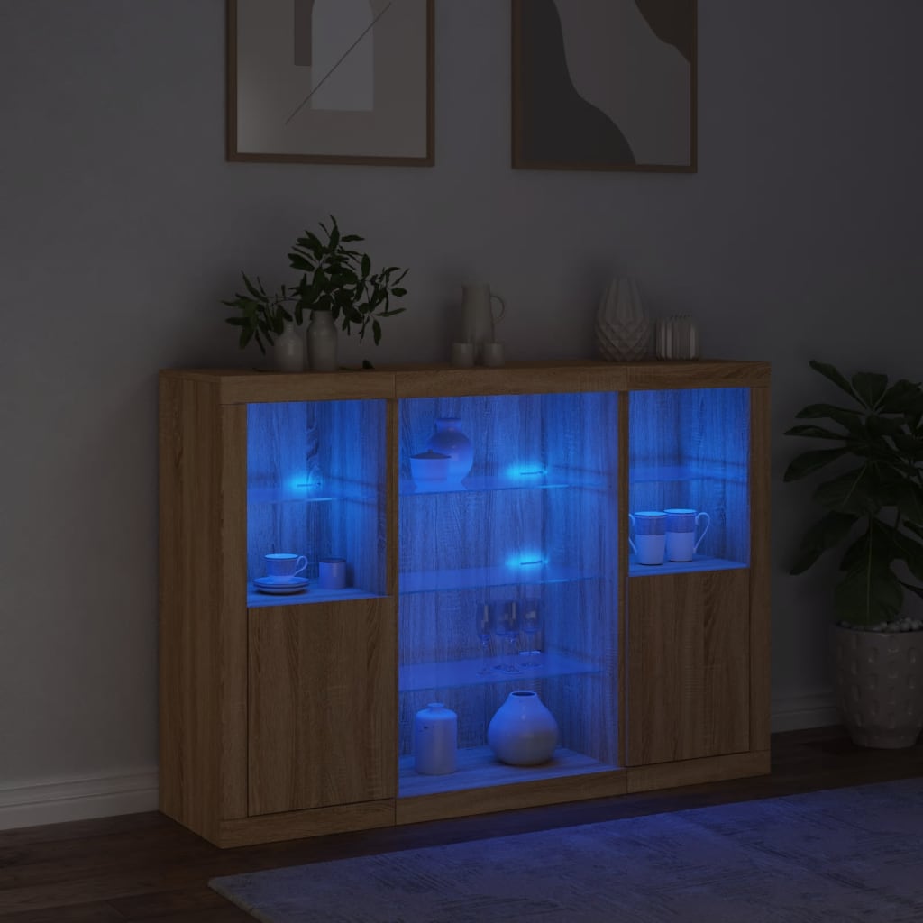 LED sideboards, 3 pcs, oak, engineered wood