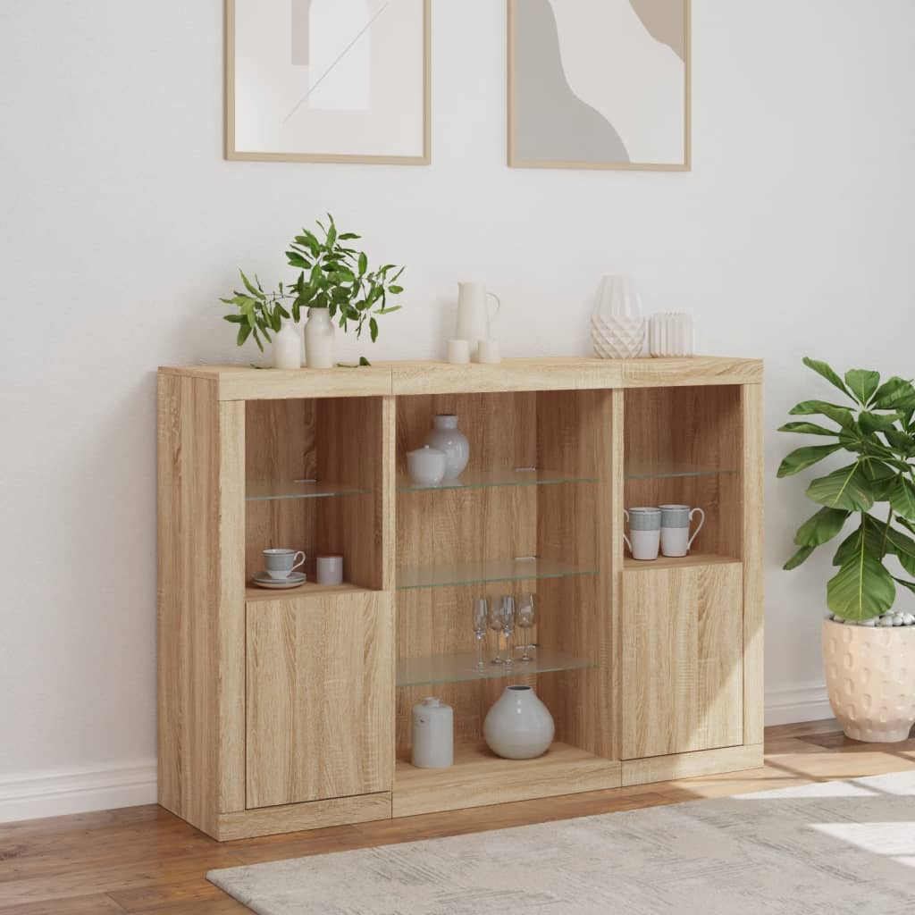 LED sideboards, 3 pcs, oak, engineered wood