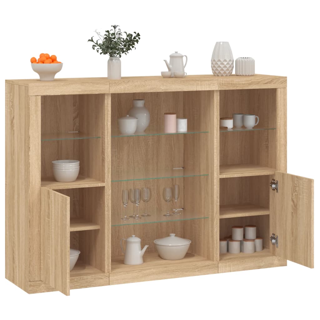 LED sideboards, 3 pcs, oak, engineered wood