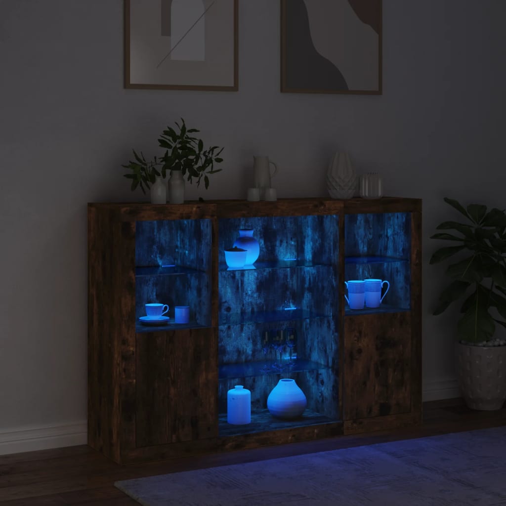 Sideboards with LED, 3 pcs, smoked oak, engineered wood