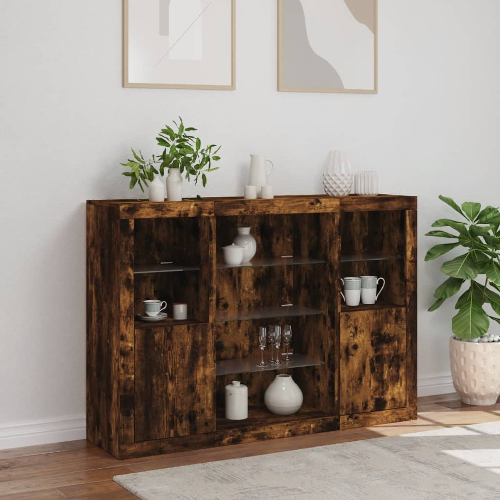 Sideboards with LED, 3 pcs, smoked oak, engineered wood