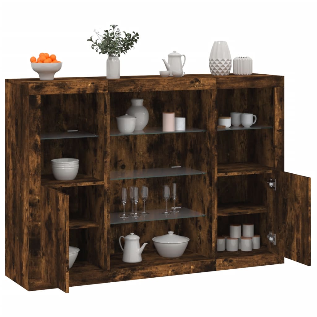 Sideboards with LED, 3 pcs, smoked oak, engineered wood
