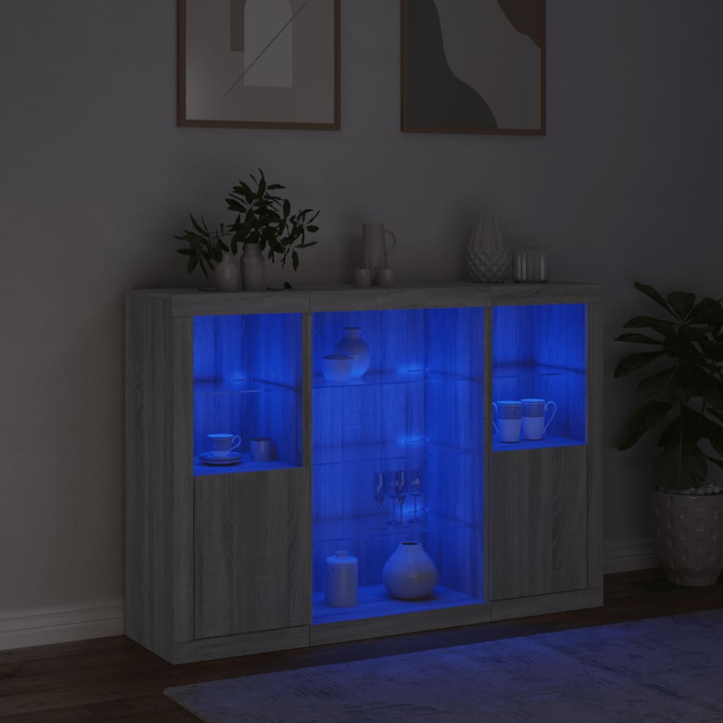 Sideboards with LED, 3 pcs, grey oak, wood