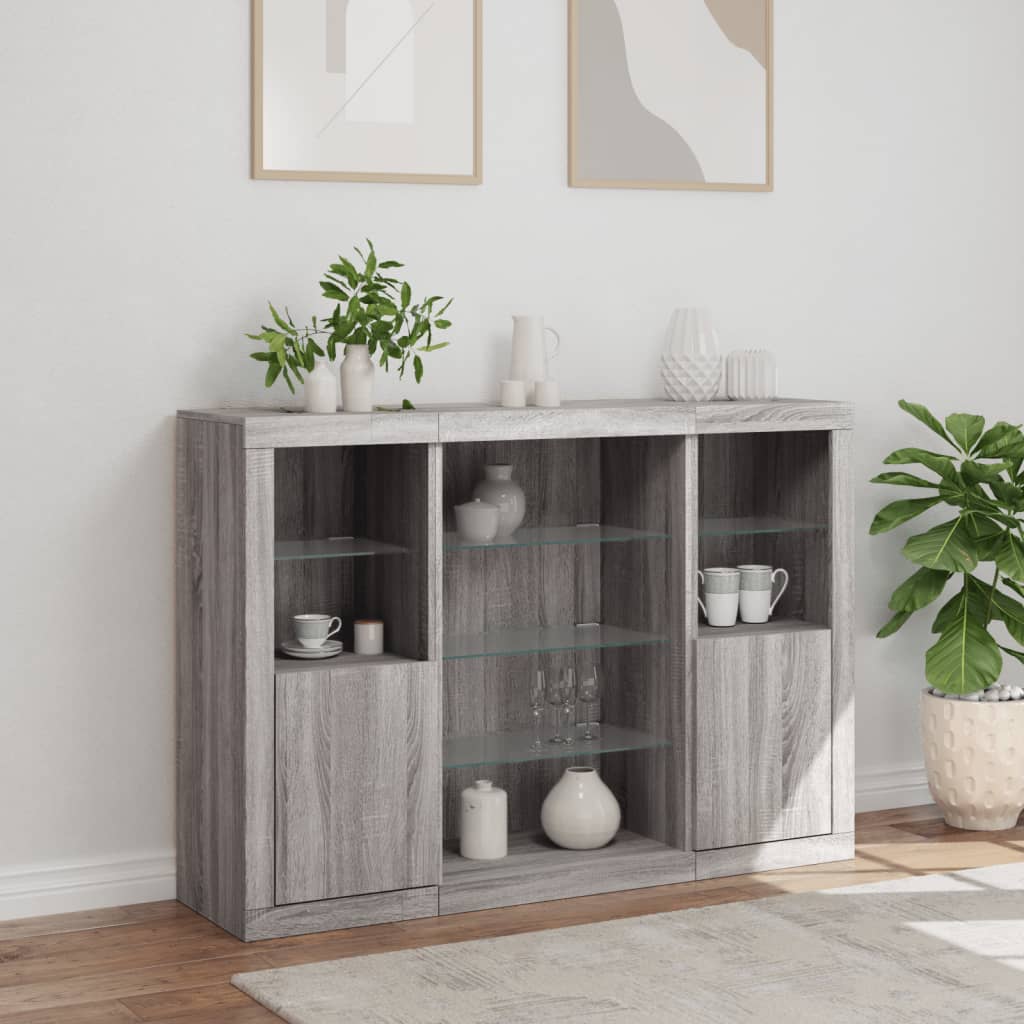 Sideboards with LED, 3 pcs, grey oak, wood