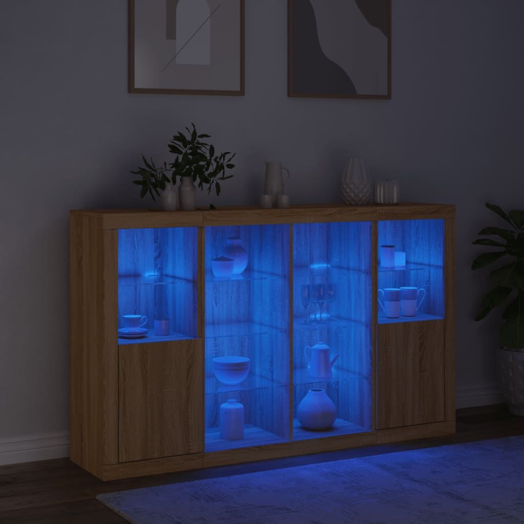 LED sideboards, 3 pcs, oak, engineered wood