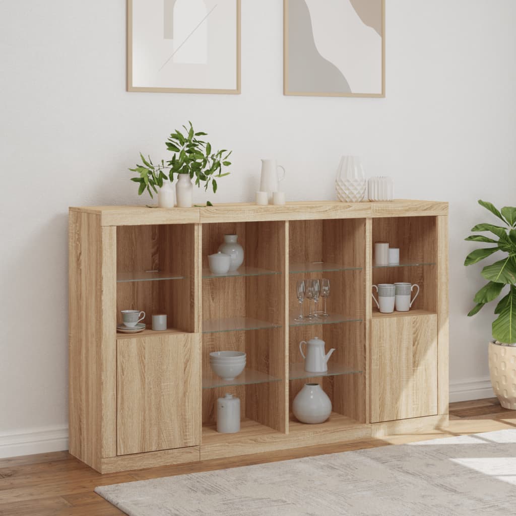 LED sideboards, 3 pcs, oak, engineered wood