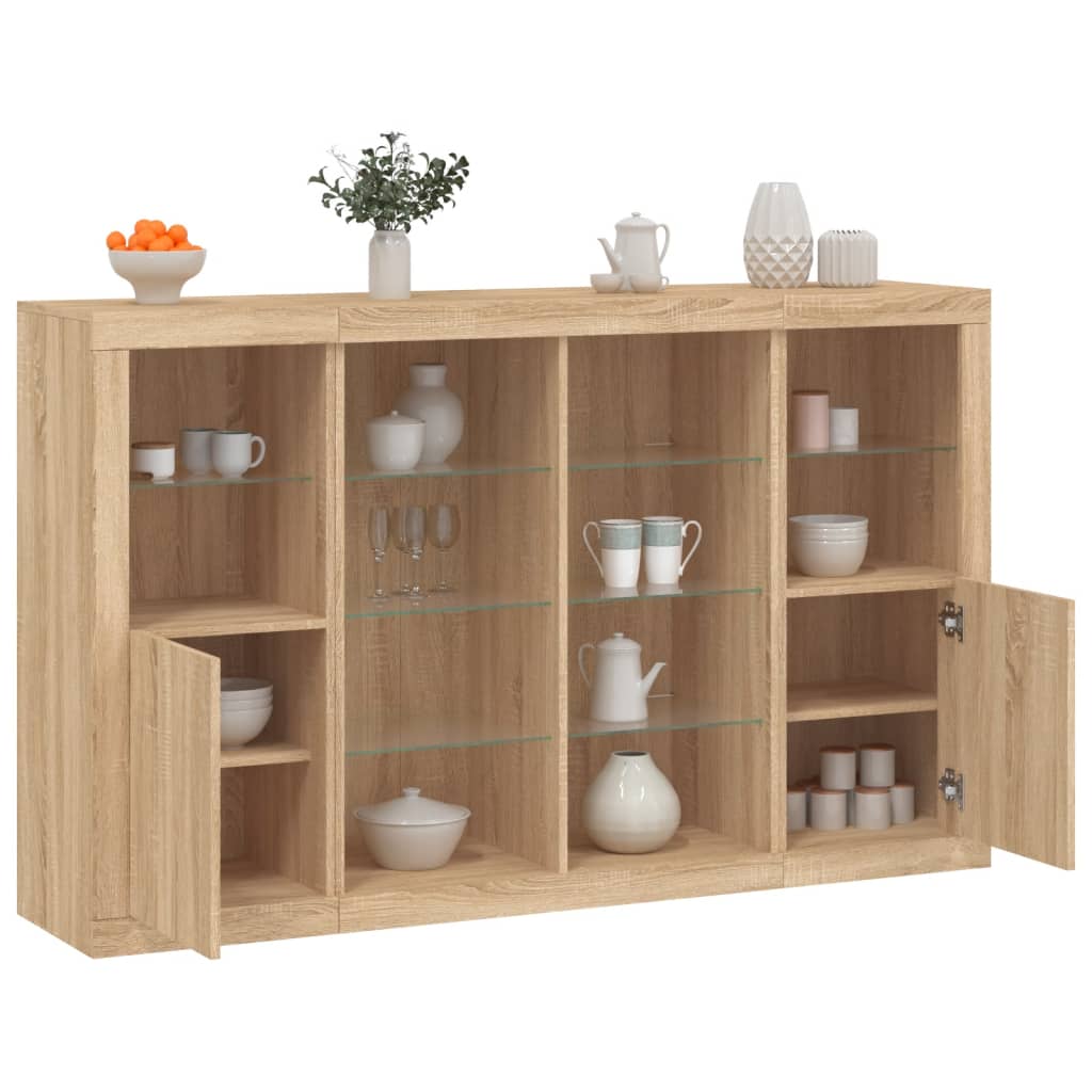 LED sideboards, 3 pcs, oak, engineered wood