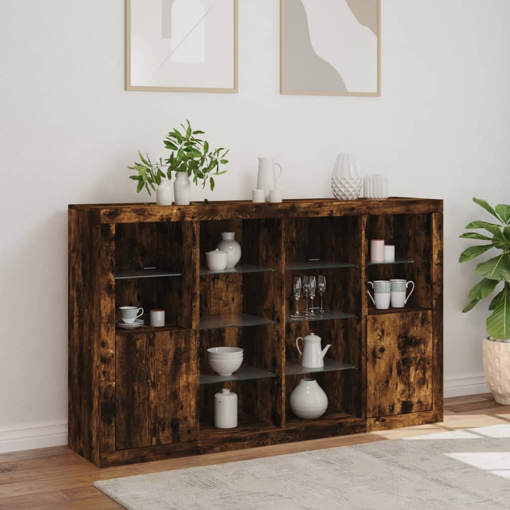 Sideboards with LED, 3 pcs, smoked oak, engineered wood