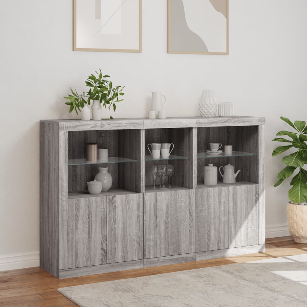 Sideboard with LED lights, grey oak, 162x37x100cm