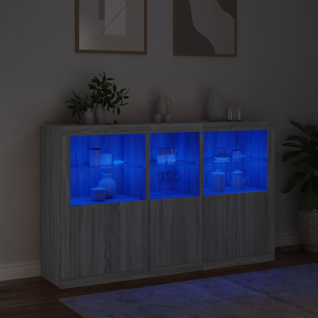 Sideboard with LED lights, grey oak, 162x37x100cm