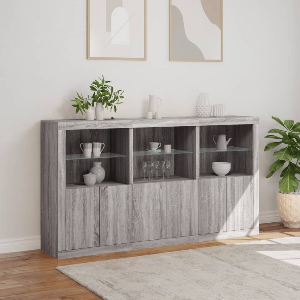 Sideboard with LED lights, grey oak, 181.5x37x100cm