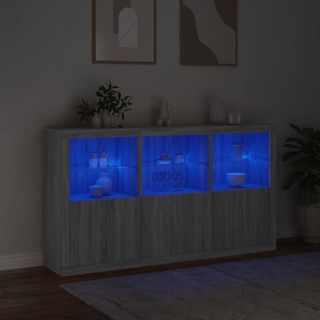 Sideboard with LED lights, grey oak, 181.5x37x100cm