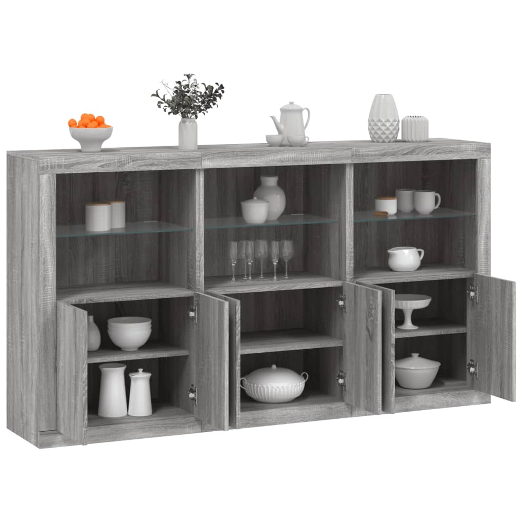 Sideboard with LED lights, grey oak, 181.5x37x100cm
