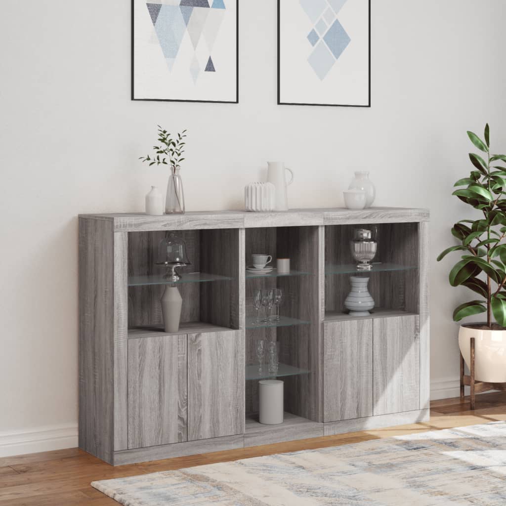 Sideboard with LED lights, grey oak, 162x37x100cm