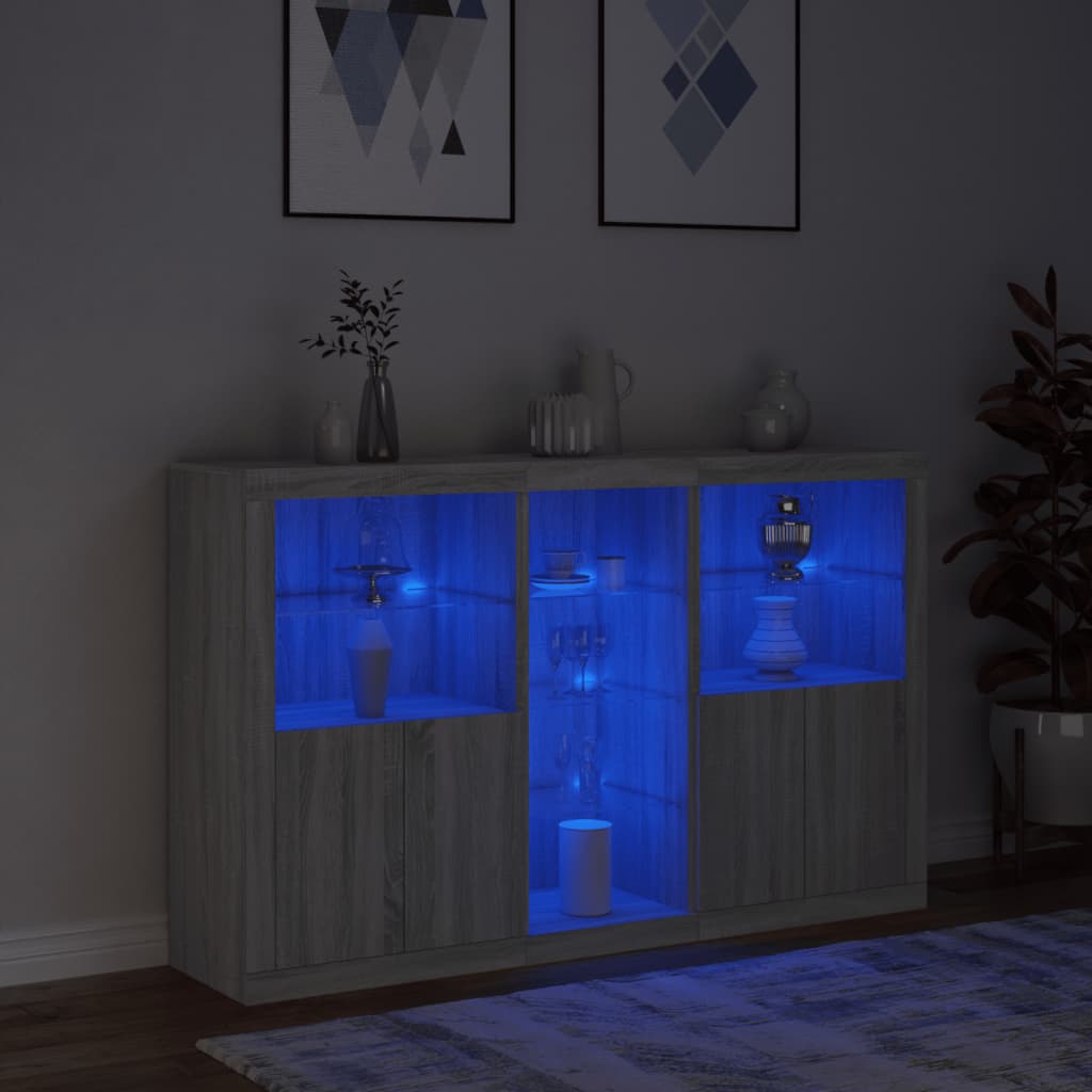 Sideboard with LED lights, grey oak, 162x37x100cm